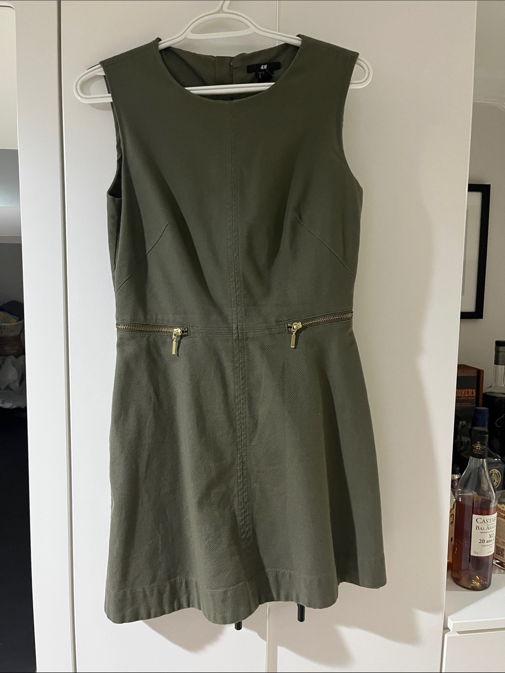 H&M Olive Green Sleeveless Mini Dress with Gold Zippers